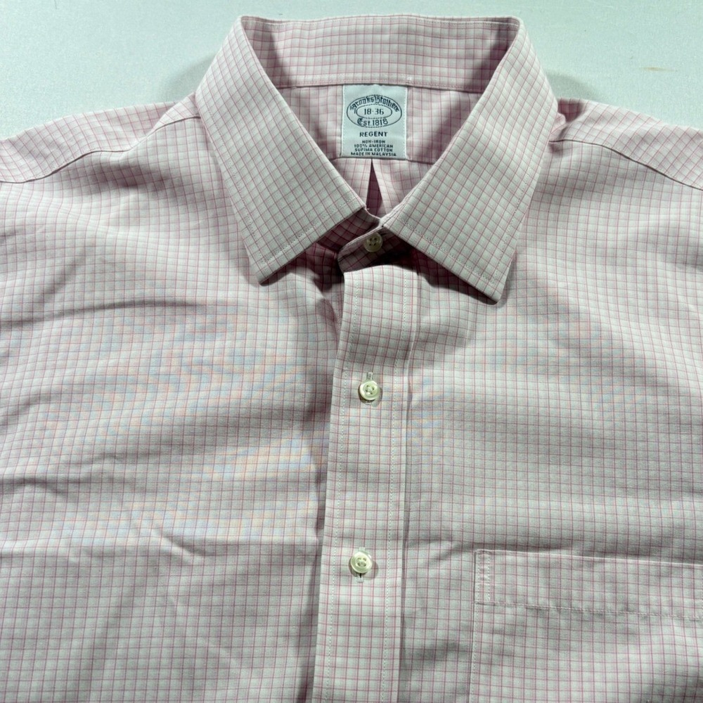 Brooks Brothers Dress Shirt Mens 18-36 Pink Check Regent Fit Non-Iron Cotton